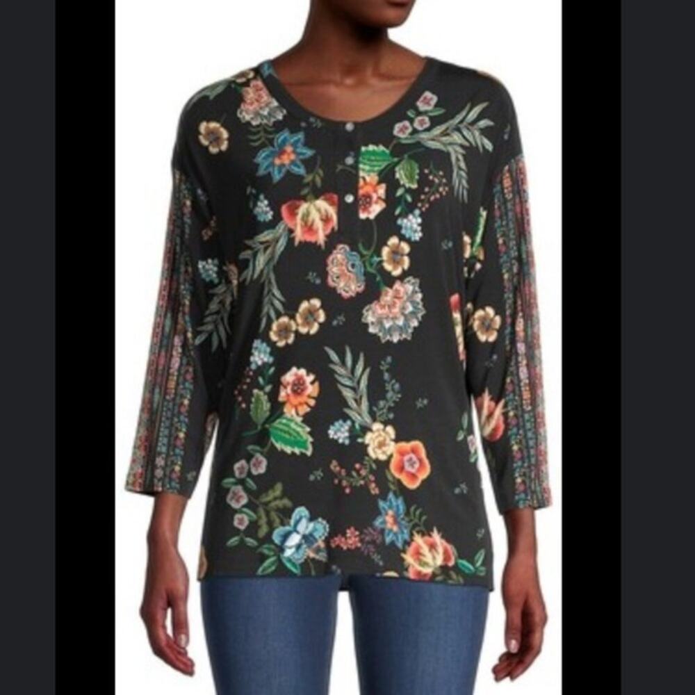 Johnny Was Ardell black floral bamboo top. Large
